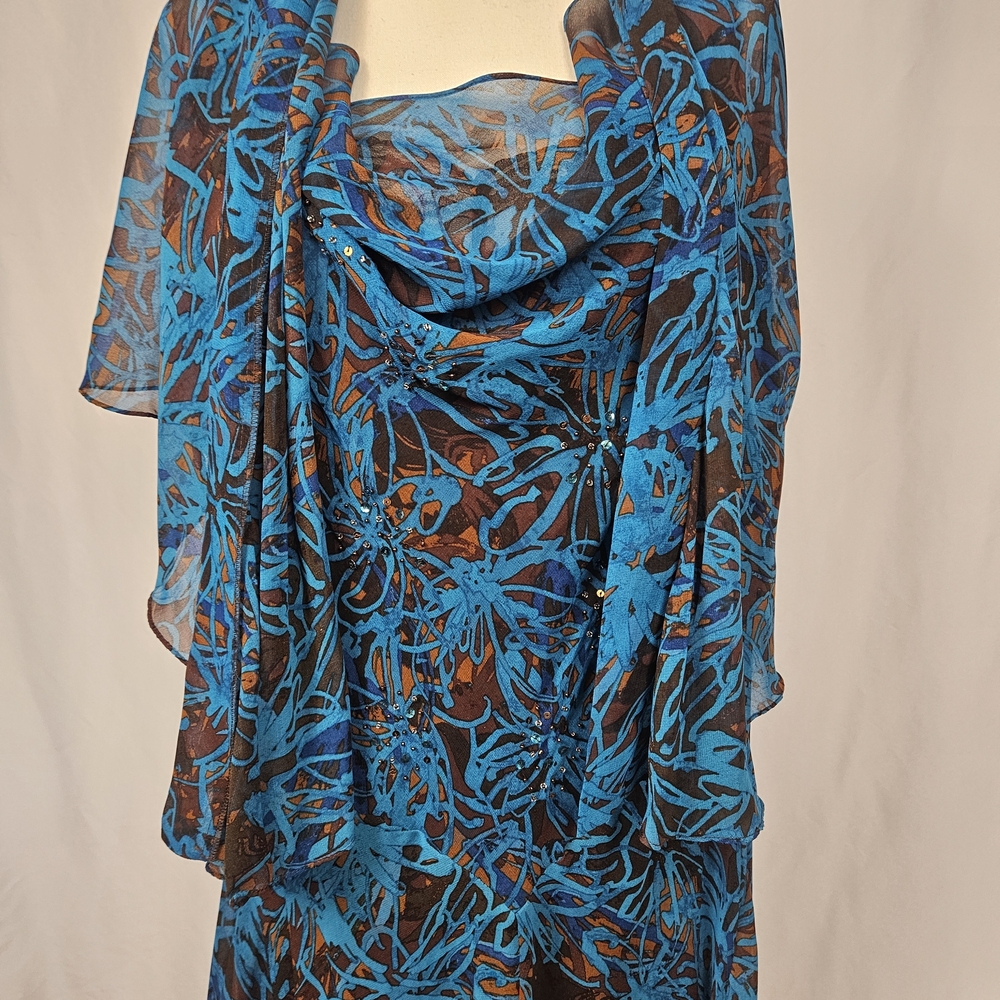 Robbie Bee Vintage 18W Beaded Whimsigoth Ruffle Midi Blue Dress with Shawl - Picture 4 of 8
